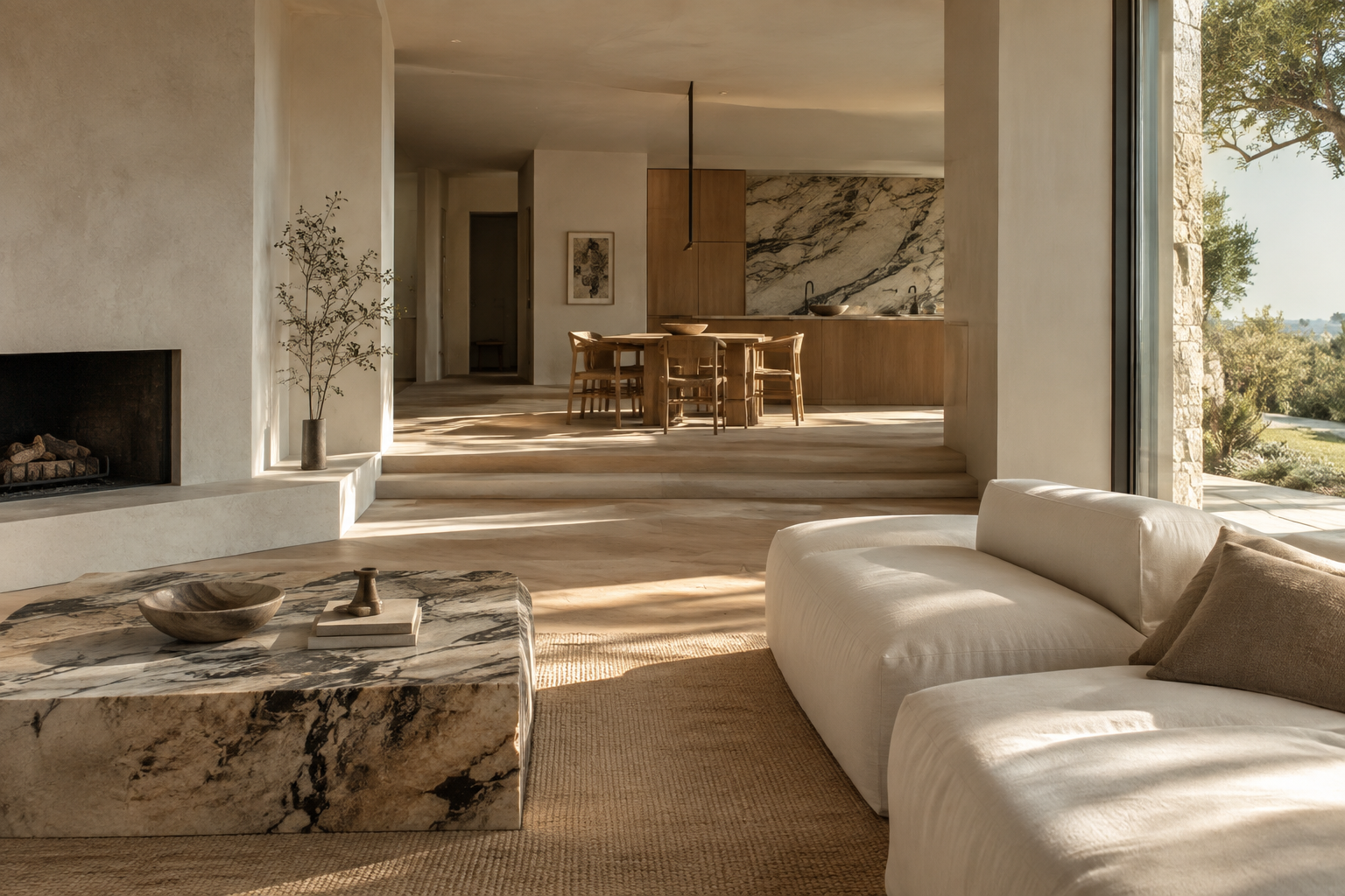AI-generated interior concept with oak, veined stone and warm daylight - not a completed NOMA project